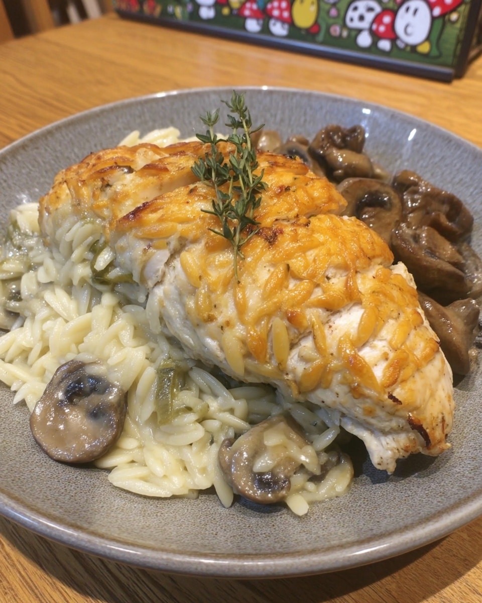 Marsala Chicken Orzo 10 Overhead of Marsala Chicken Orzo with fresh herbs