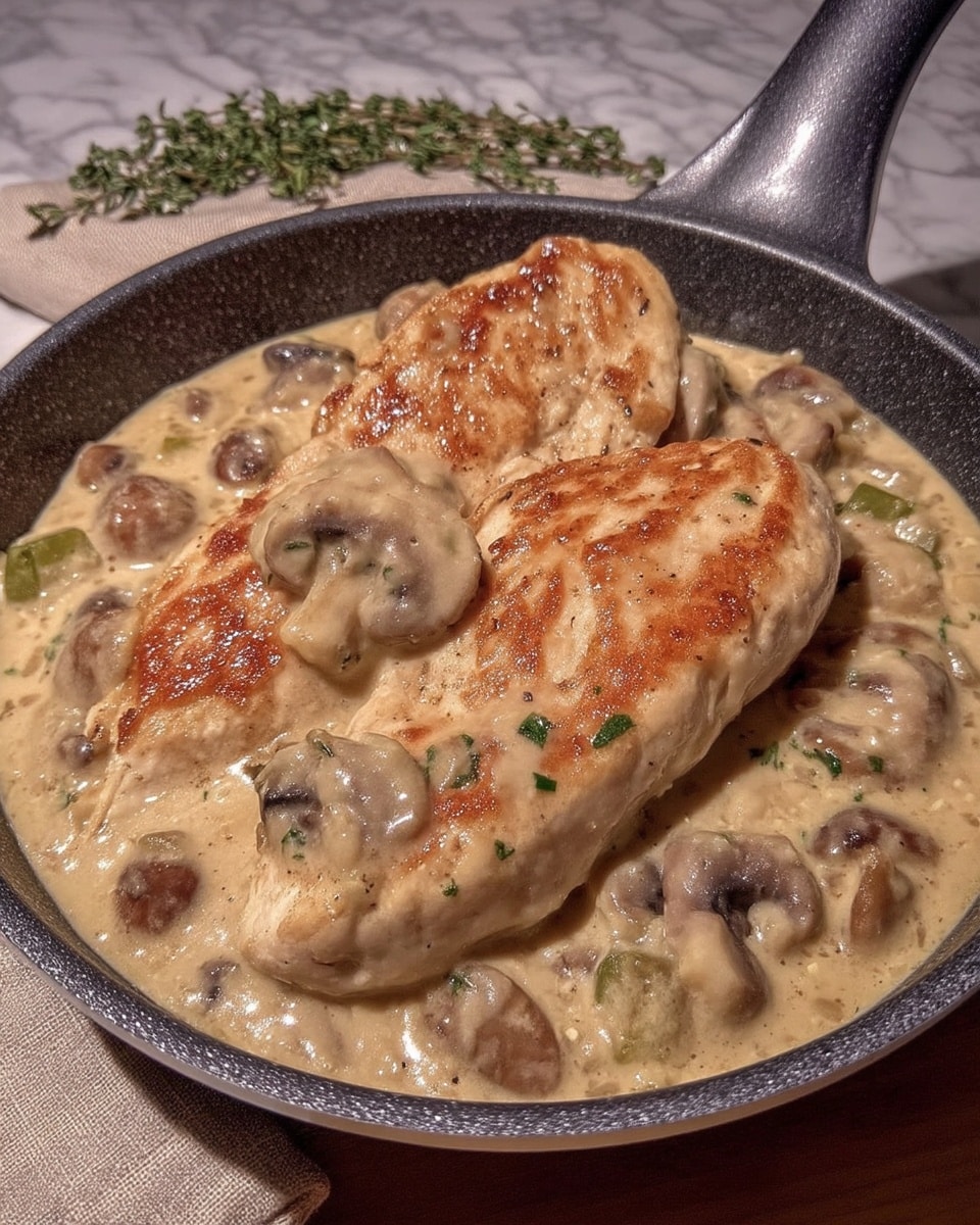 Creamy mushroom chicken in skillet with golden sear