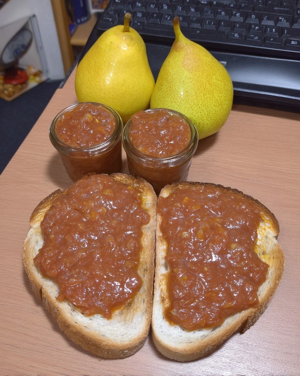 Crockpot pear butter in canning jars on a farmhouse counter