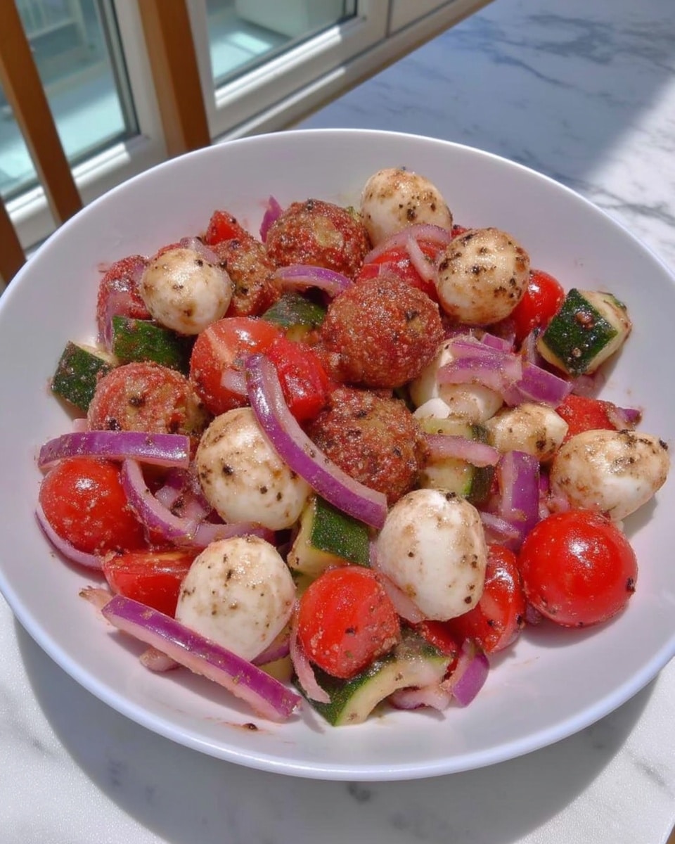 Cucumber salad with mozzarella, tomatoes, and basil in a white bowl