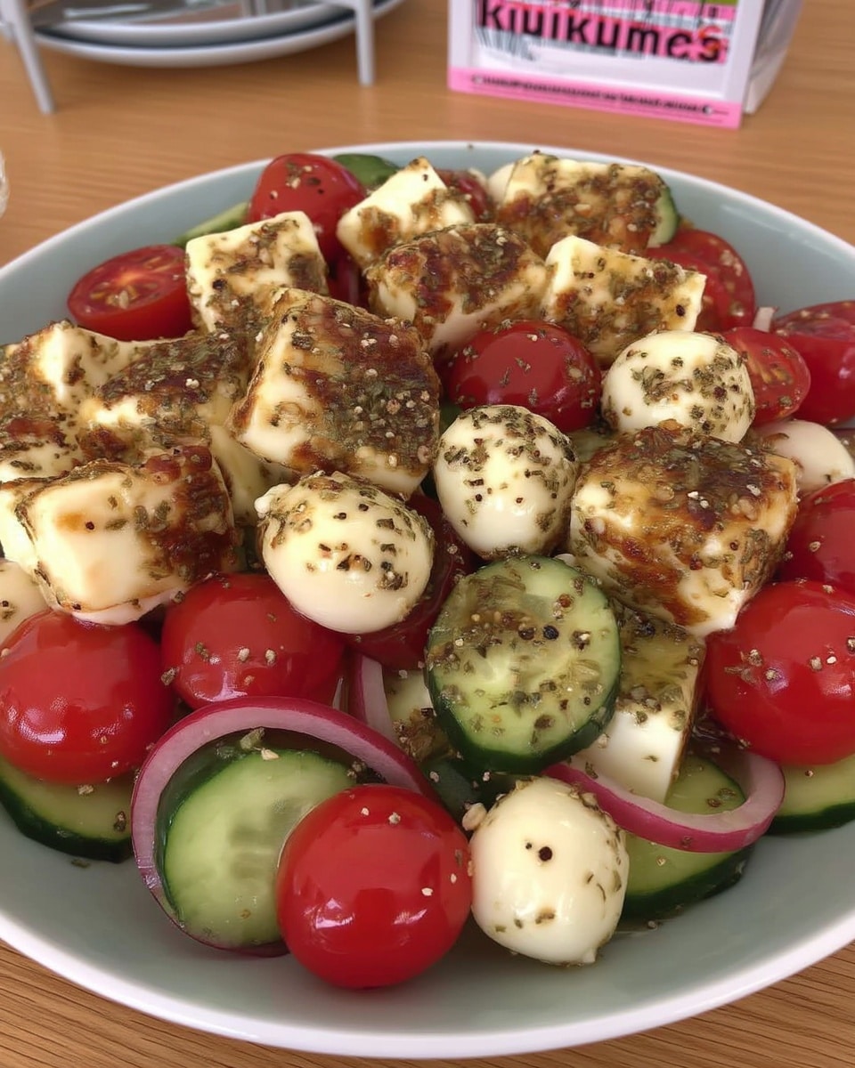 Cucumber Salad Caprese 10 Balsamic dressing drizzled on cucumber salad with herbs