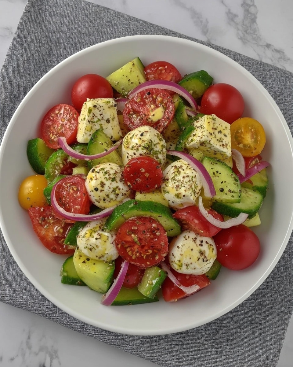 Cucumber Salad Caprese 9 Large cucumber salad on serving platter with forks and napkins
