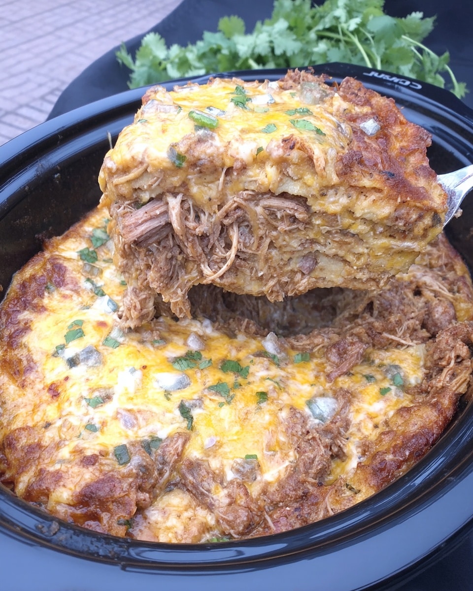 Slow cooker enchilada casserole in fall-themed crockpot