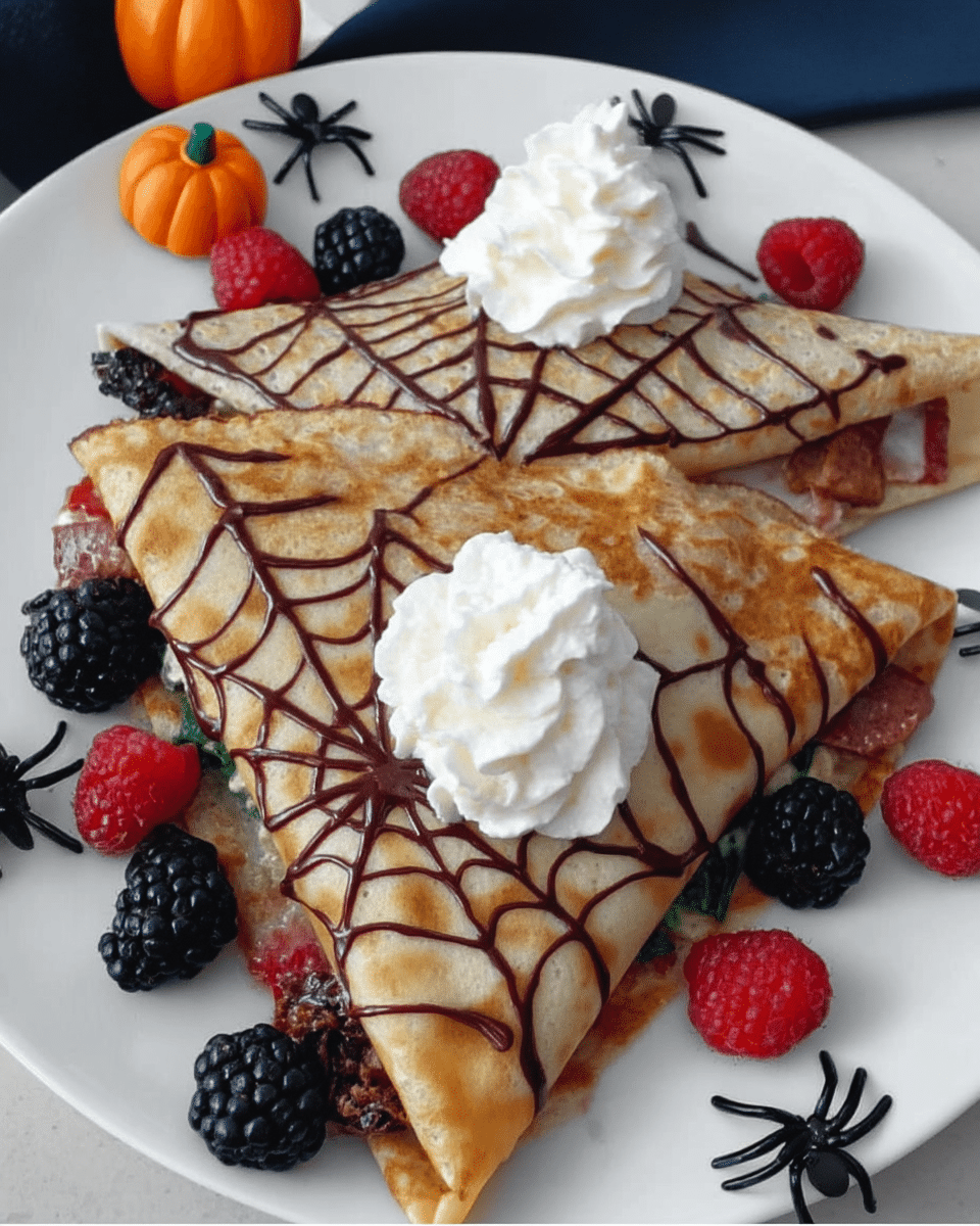 Stack of spiderweb crepes with chocolate sauce, whipped cream, and berries.