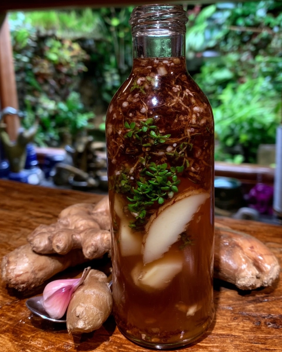 Labeled fire cider bottle with kitchen towel and rosemary