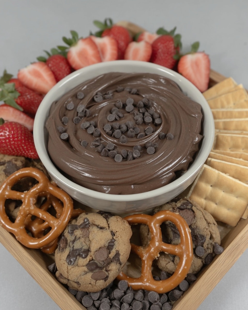 Bowl of brownie batter dip topped with mini chocolate chips