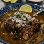 Bowl of slow cooker birria stew with lime and cilantro