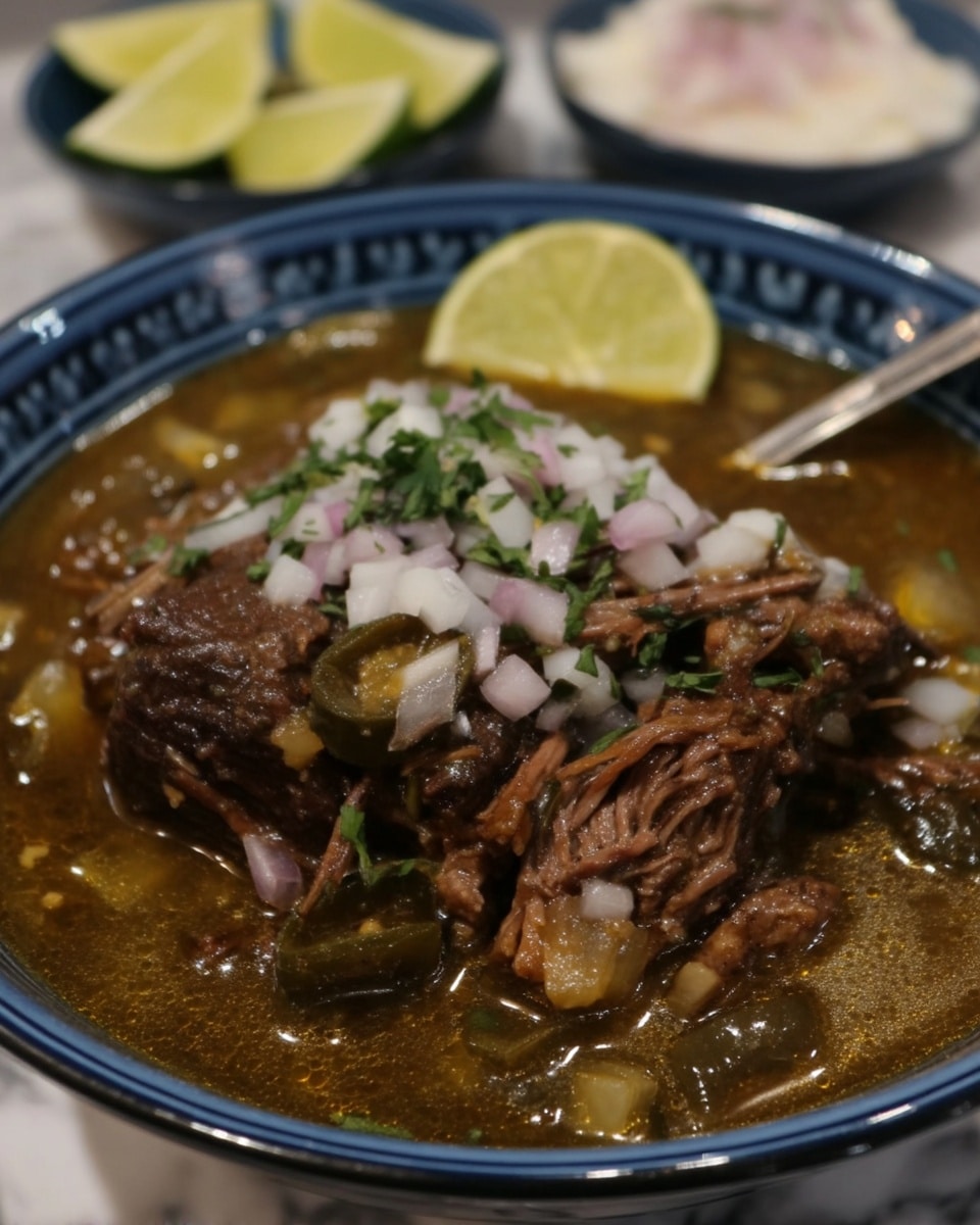 Bowl of slow cooker birria stew with lime and cilantro