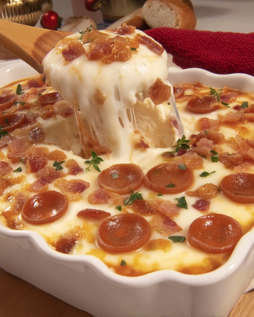 Crock pot version of cheesy pizza dip with mozzarella bubbling on top