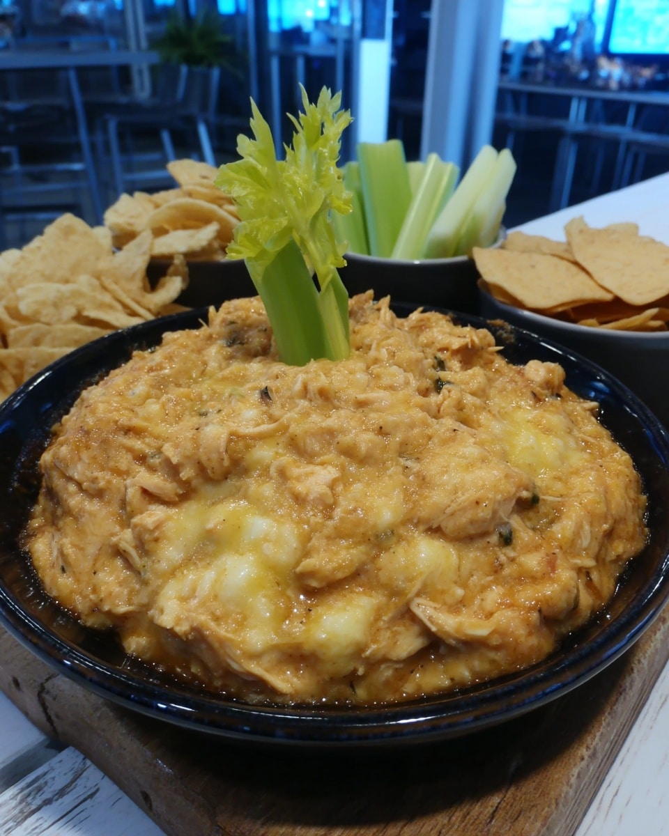Crockpot buffalo chicken dip in white slow cooker
