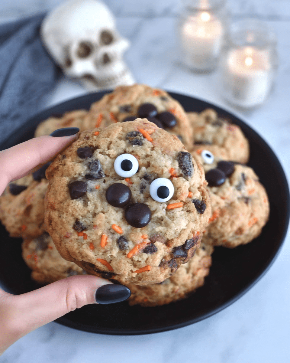 Close-up of Halloween Chocolate Chip Cookies with candy eyes and sprinkles.