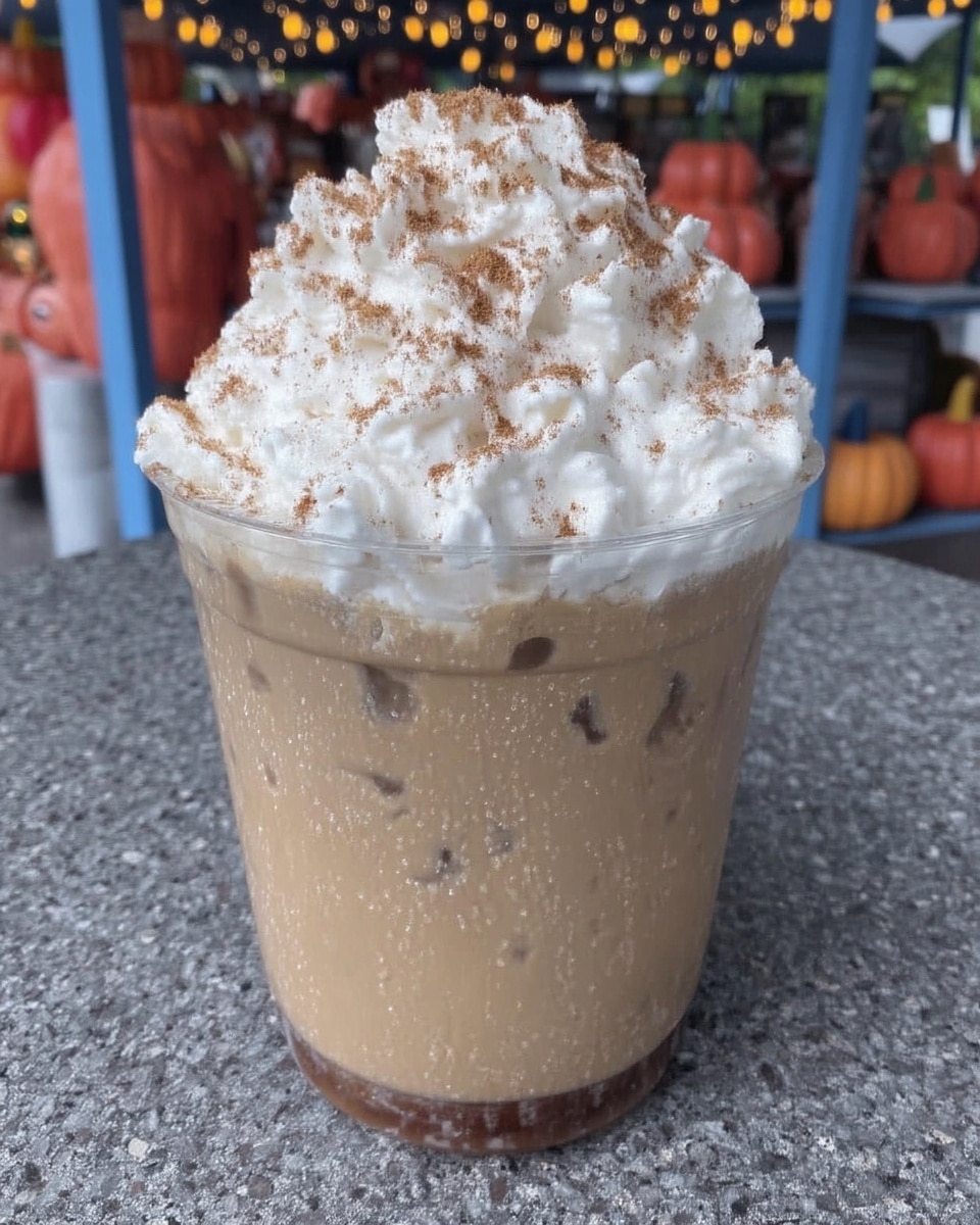 Pumpkin Spice Latte 10 Iced pumpkin spice latte in clear glass with foam