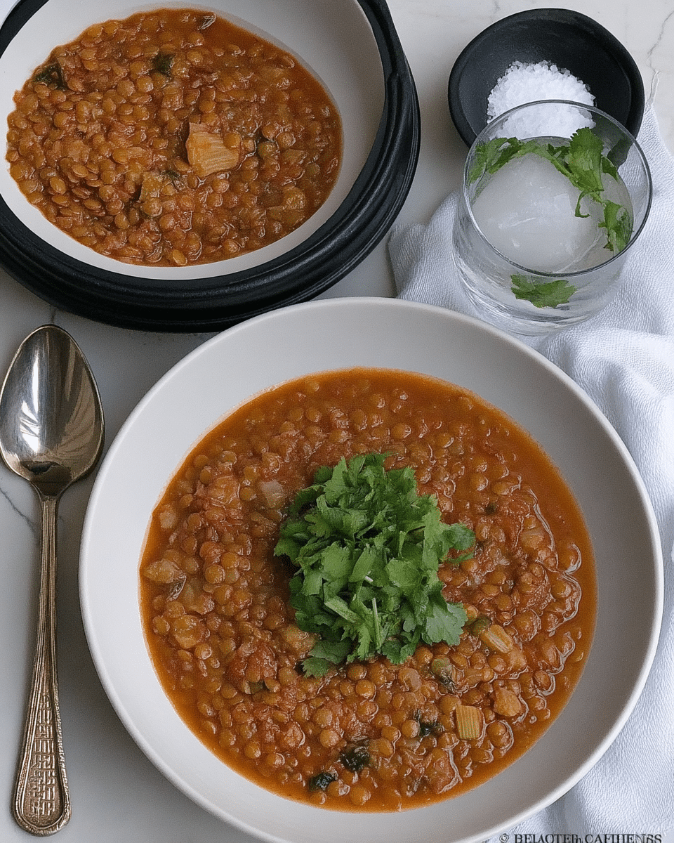 A hearty bowl of Instant Pot Lentil Chili, garnished with fresh cilantro.