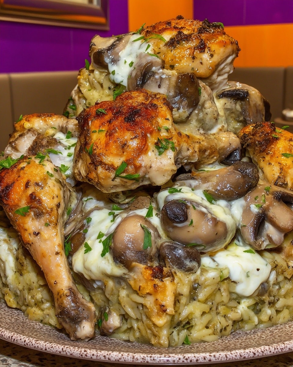Skillet of creamy Marsala Chicken Orzo with herbs