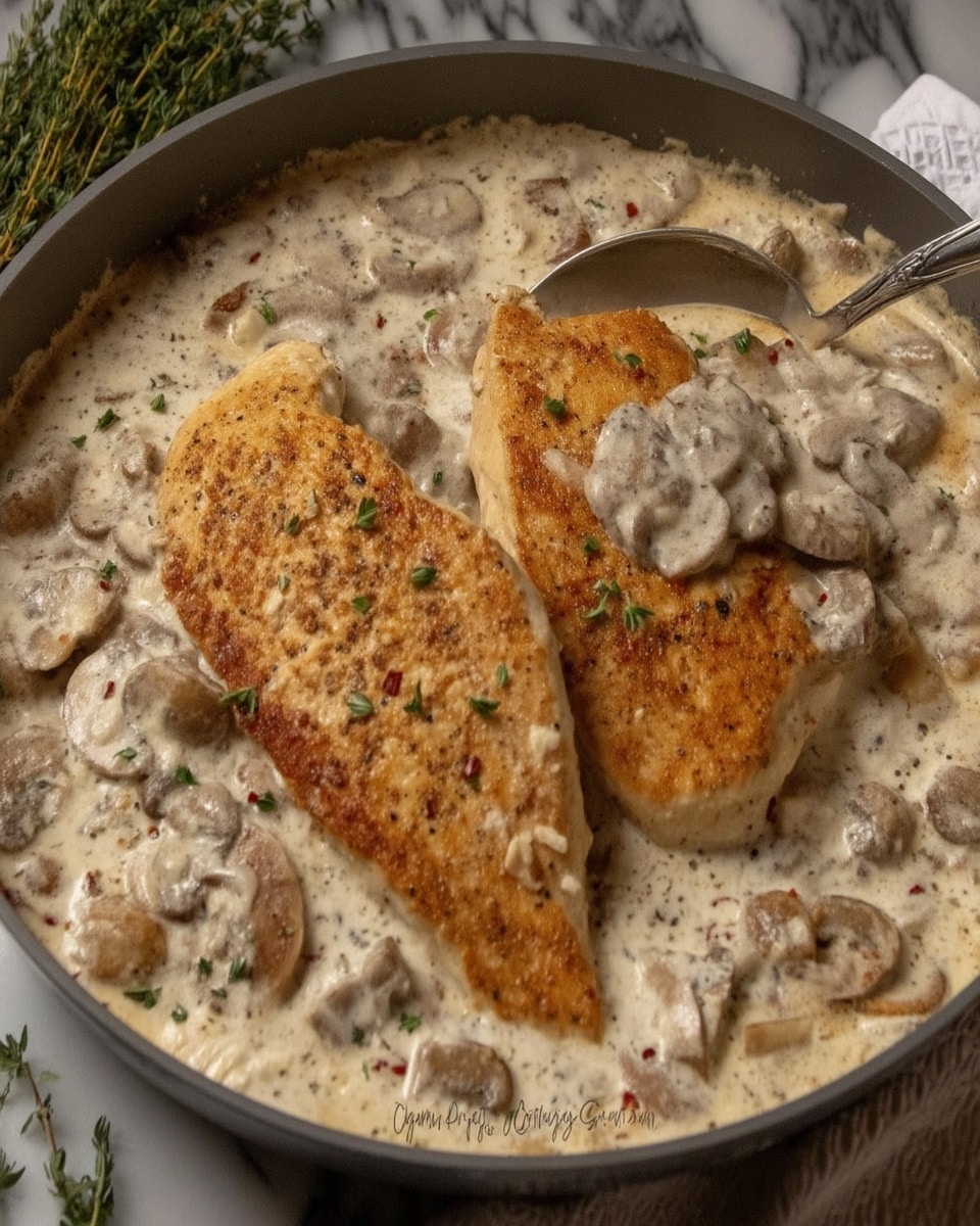Creamy Mushroom Chicken 9 Closeup of chicken breast in creamy mushroom gravy