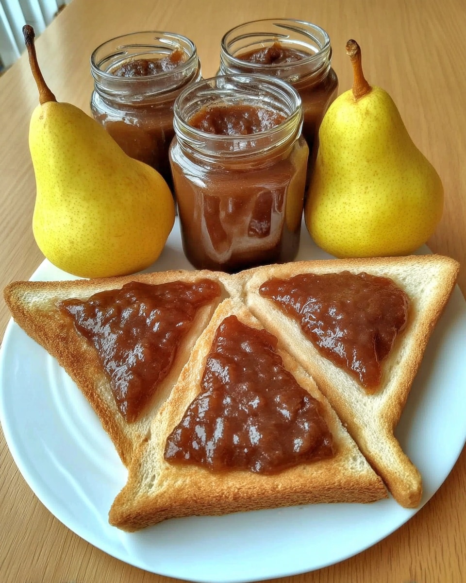 Toast with pear butter and cinnamon sticks on wooden table