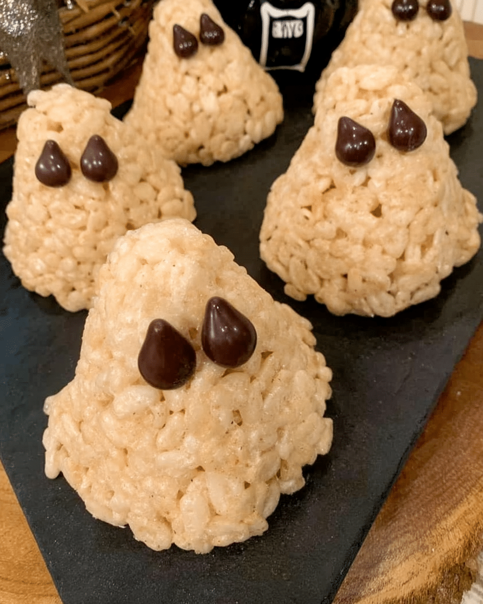 Close-up of a Rice Krispie Treat Ghost decorated with candy eyes.