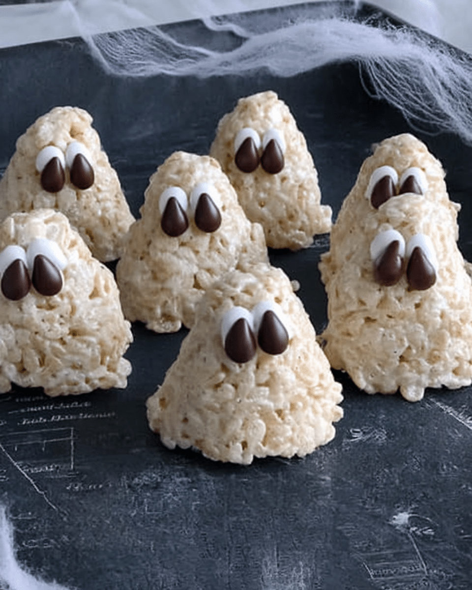 Rice Krispie Treat Ghosts served on a platter with other Halloween treats.