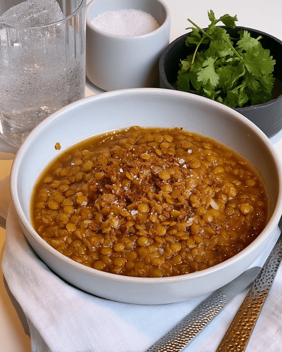 Instant Pot Lentil Chili 10 A table setting featuring a bowl of Instant Pot Lentil Chili alongside crusty bread and a side salad.