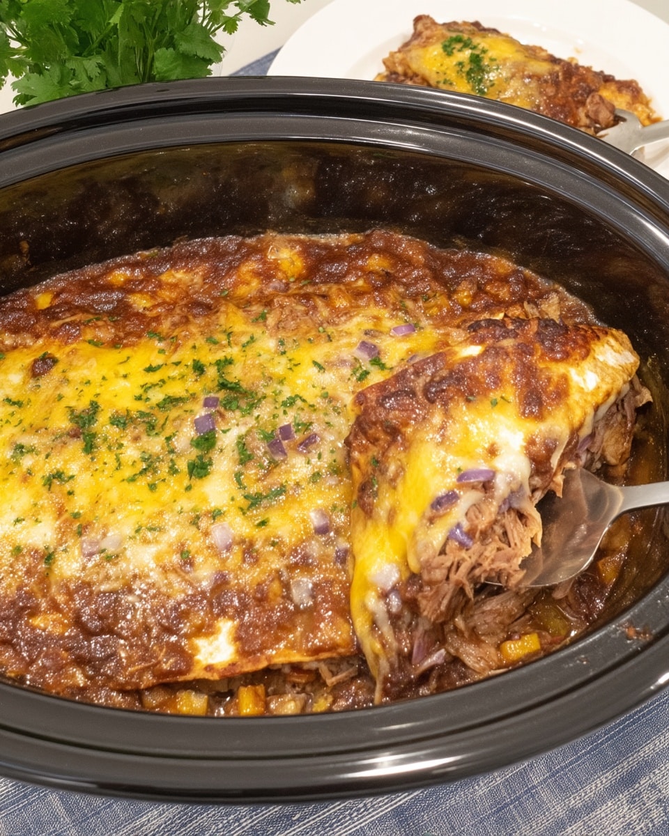 Slow Cooker Chicken Enchilada Casserole 8 Serving of crockpot chicken enchilada casserole with melted cheese