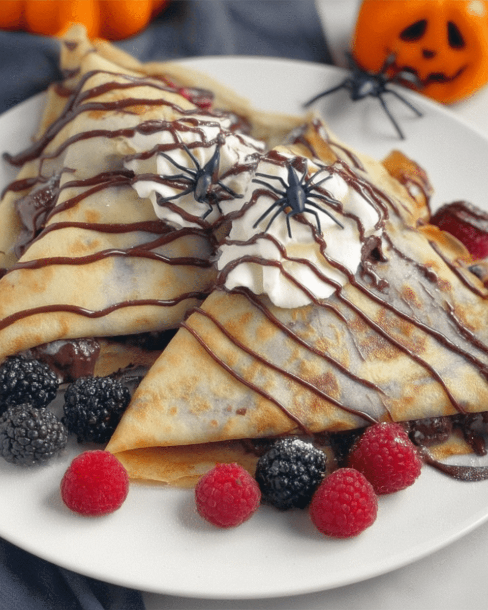 Spiderweb Crepes 9 A hand drizzling chocolate sauce onto a crepe in a spiderweb pattern.