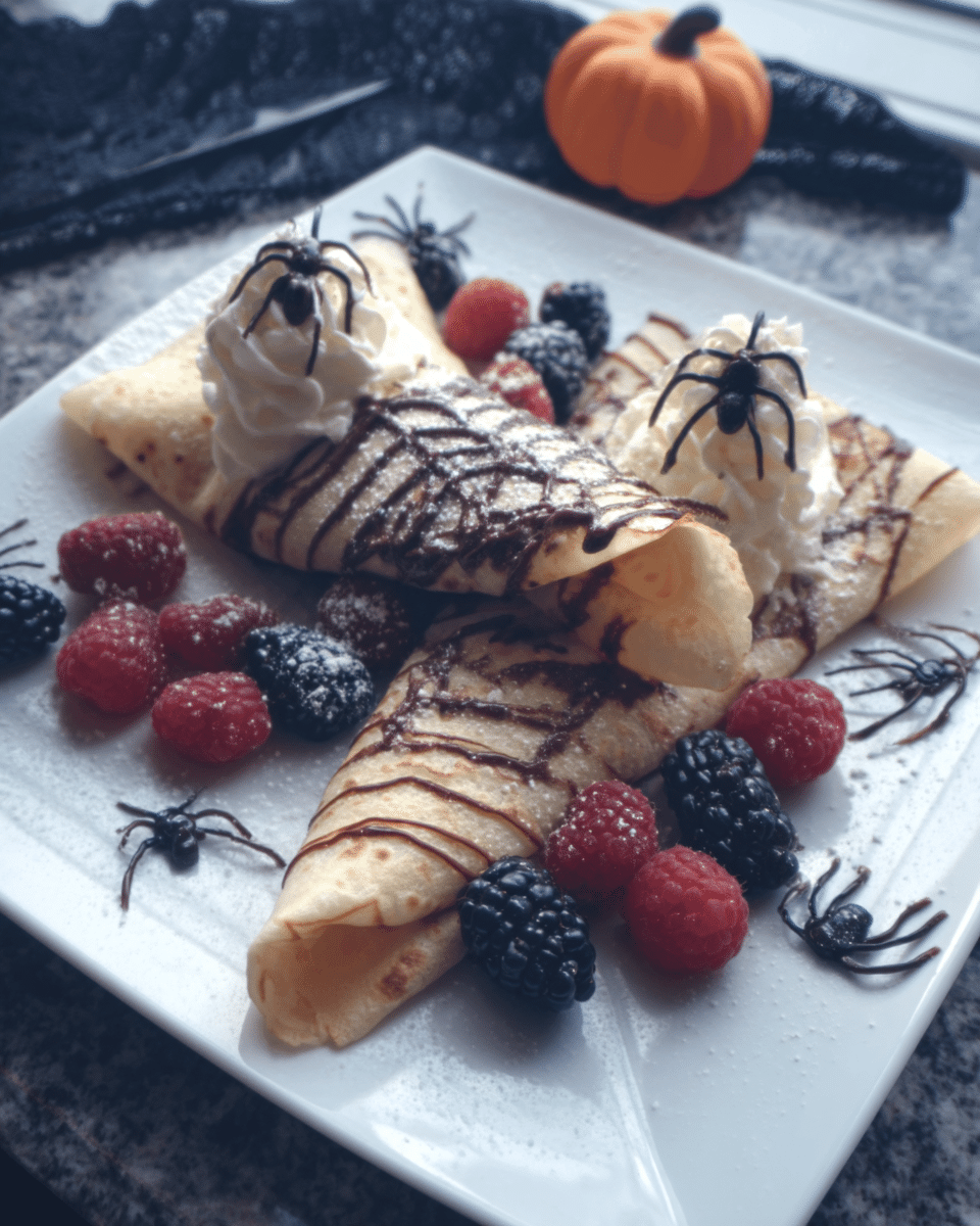 Spiderweb Crepes 8 Ingredients for spiderweb crepes laid out on a table.