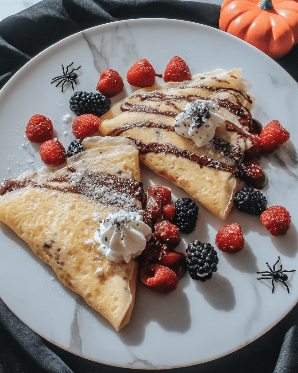 Spiderweb Crepes 10 Spiderweb crepes served on a plate with various toppings.