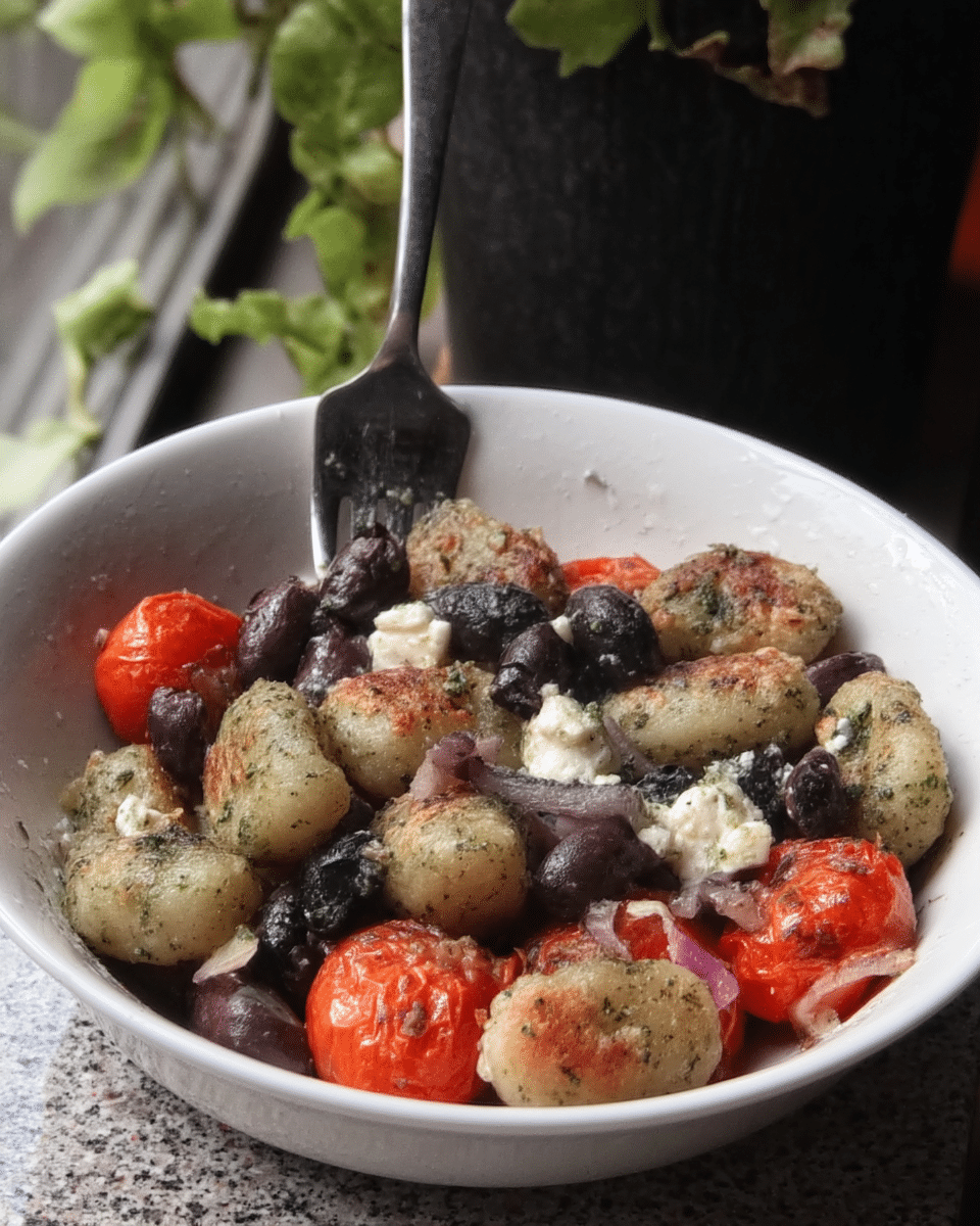 Air Fryer Pumpkin Gnocchi Bake 9 A close-up shot of the Air Fryer Pumpkin Gnocchi Bake, showcasing the creamy texture and crispy toppings.