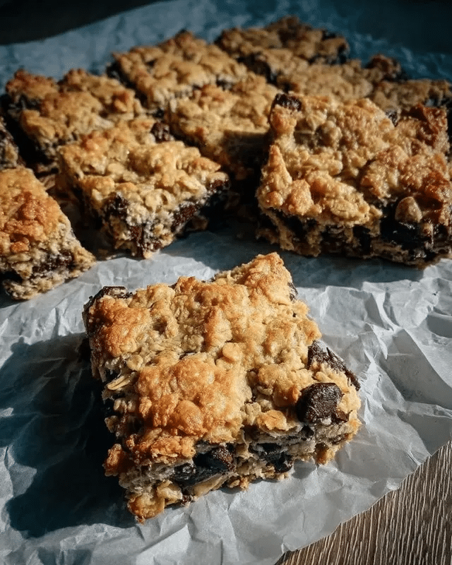 Almond Butter Chocolate Chip Oatmeal Bars 8 Ingredients for Almond Butter Chocolate Chip Oatmeal Bars arranged on a wooden table.