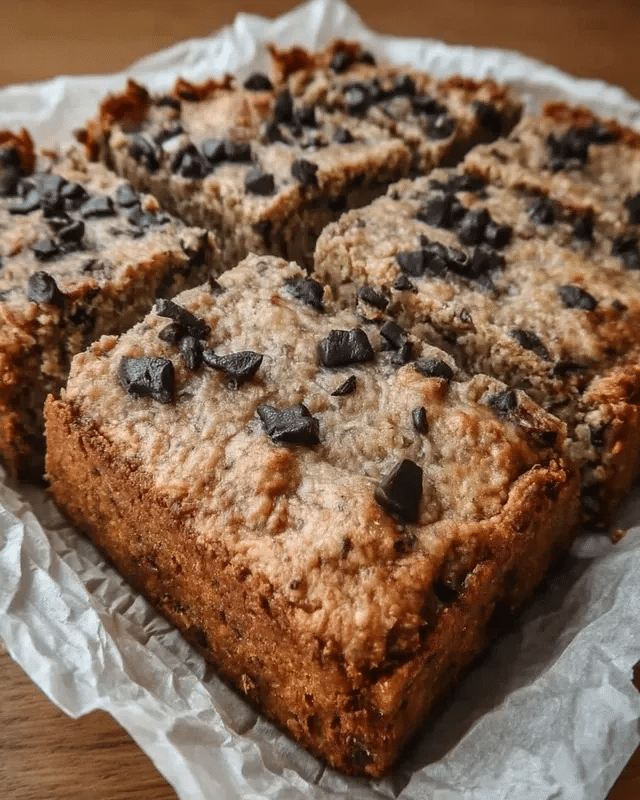 Almond Butter Chocolate Chip Oatmeal Bars 10 Almond Butter Chocolate Chip Oatmeal Bars served with a glass of milk.