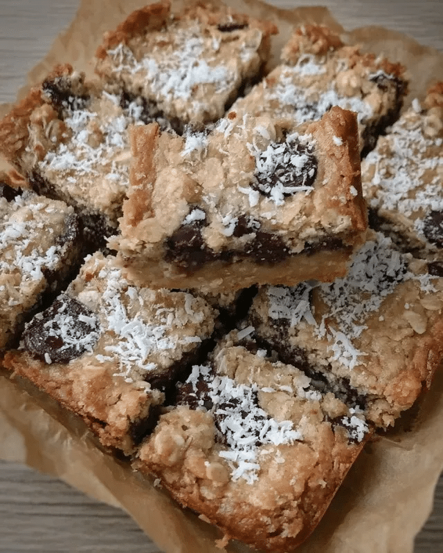 Almond Butter Chocolate Chip Oatmeal Bars 9 A hand holding a perfectly sliced Almond Butter Chocolate Chip Oatmeal Bar.