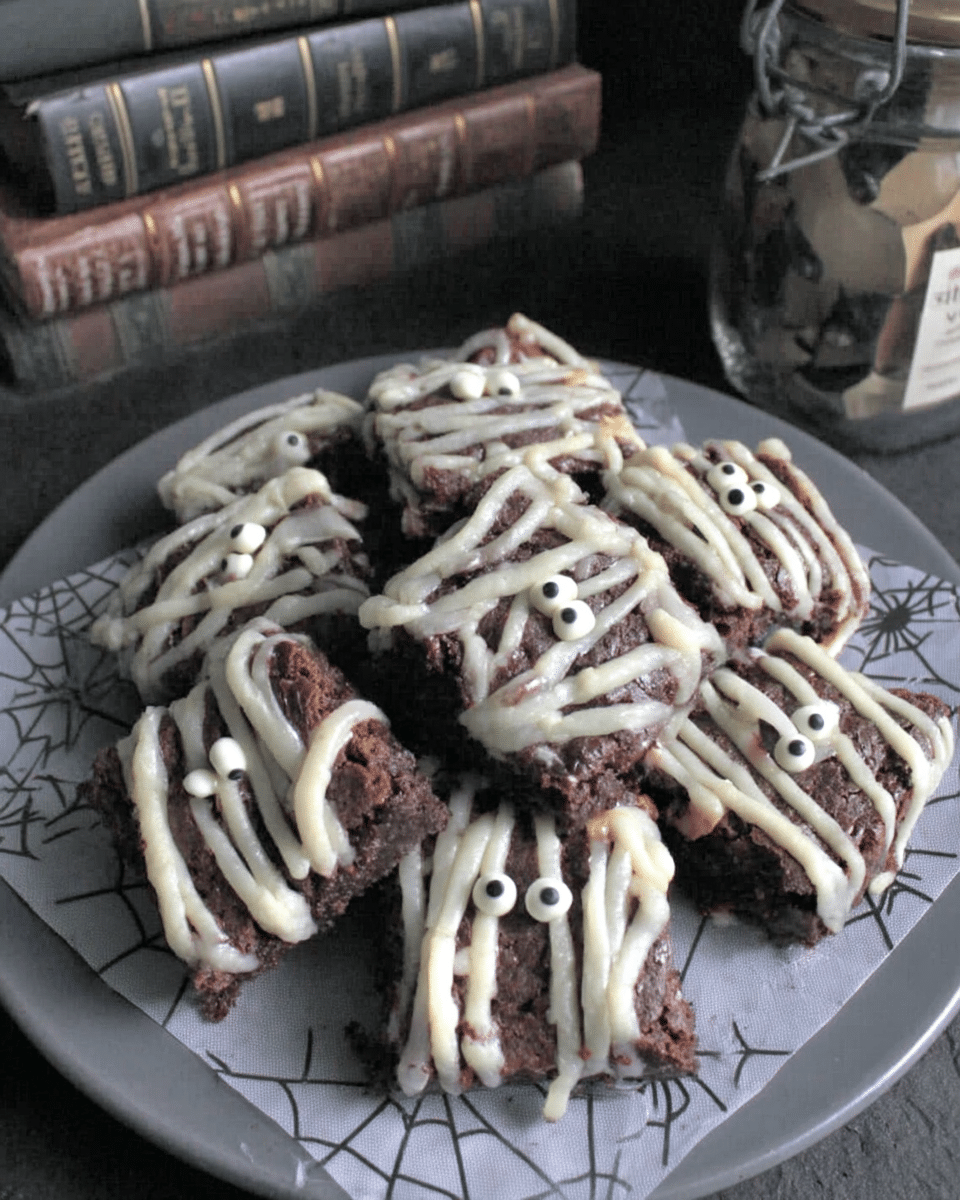 Spooky Mummy Brownies 9 A hand holding a spatula, mixing brownie batter in a bowl.
