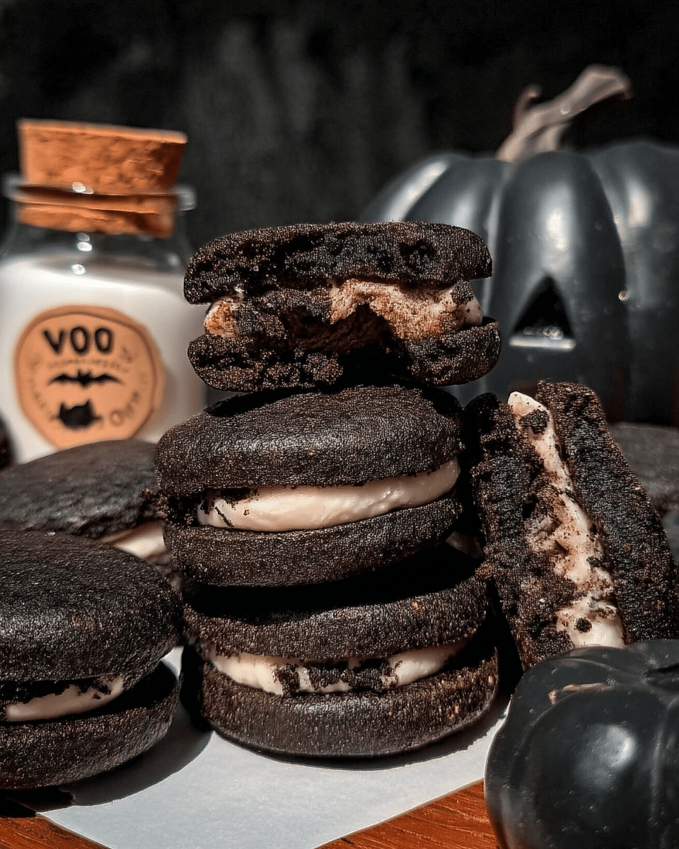 Black Velvet Cheesecake Cookies 10 Black Velvet Cheesecake Cookies served with a glass of milk.