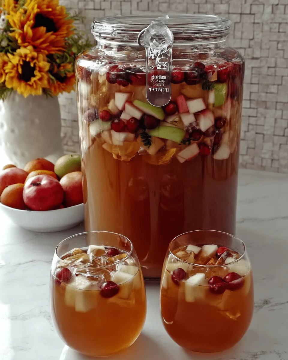 A glass of Caramel Apple Punch garnished with apple slices and cranberries.