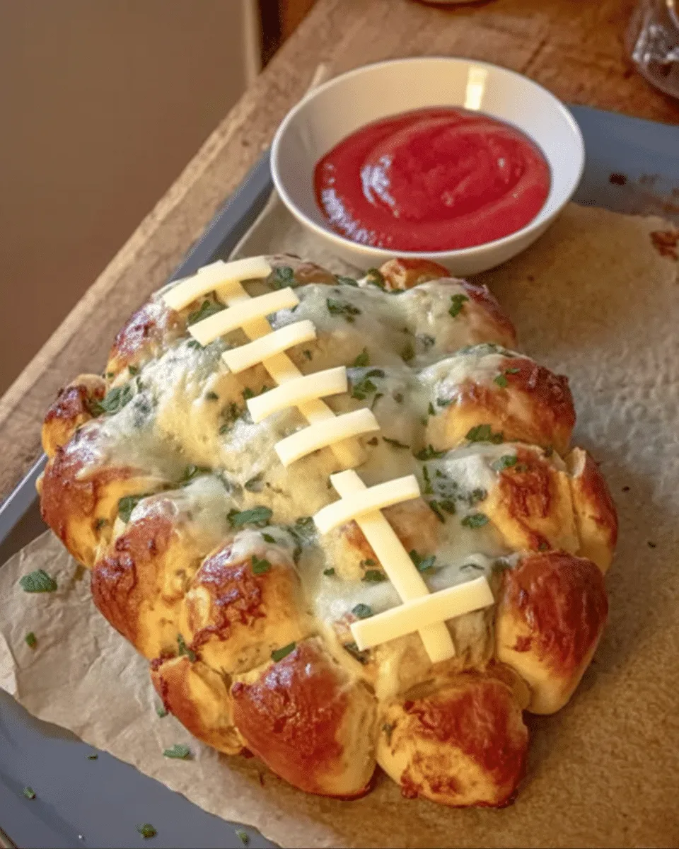 Close-up of a platter of cheesy stuffed garlic bread rolls, arranged in the shape of a football, with cheese laces.