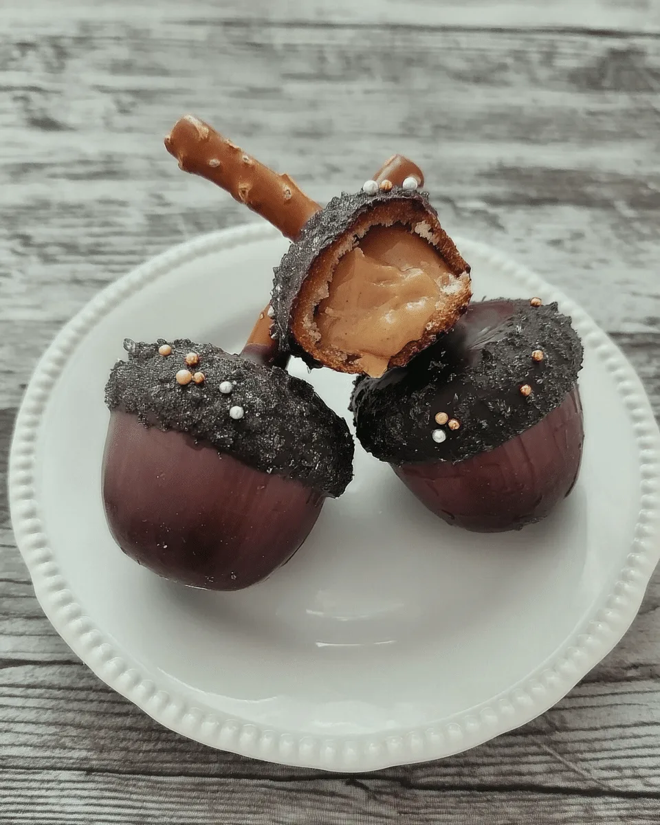 Close-up of Chocolate Acorns arranged on a platter, showcasing their charming details.
