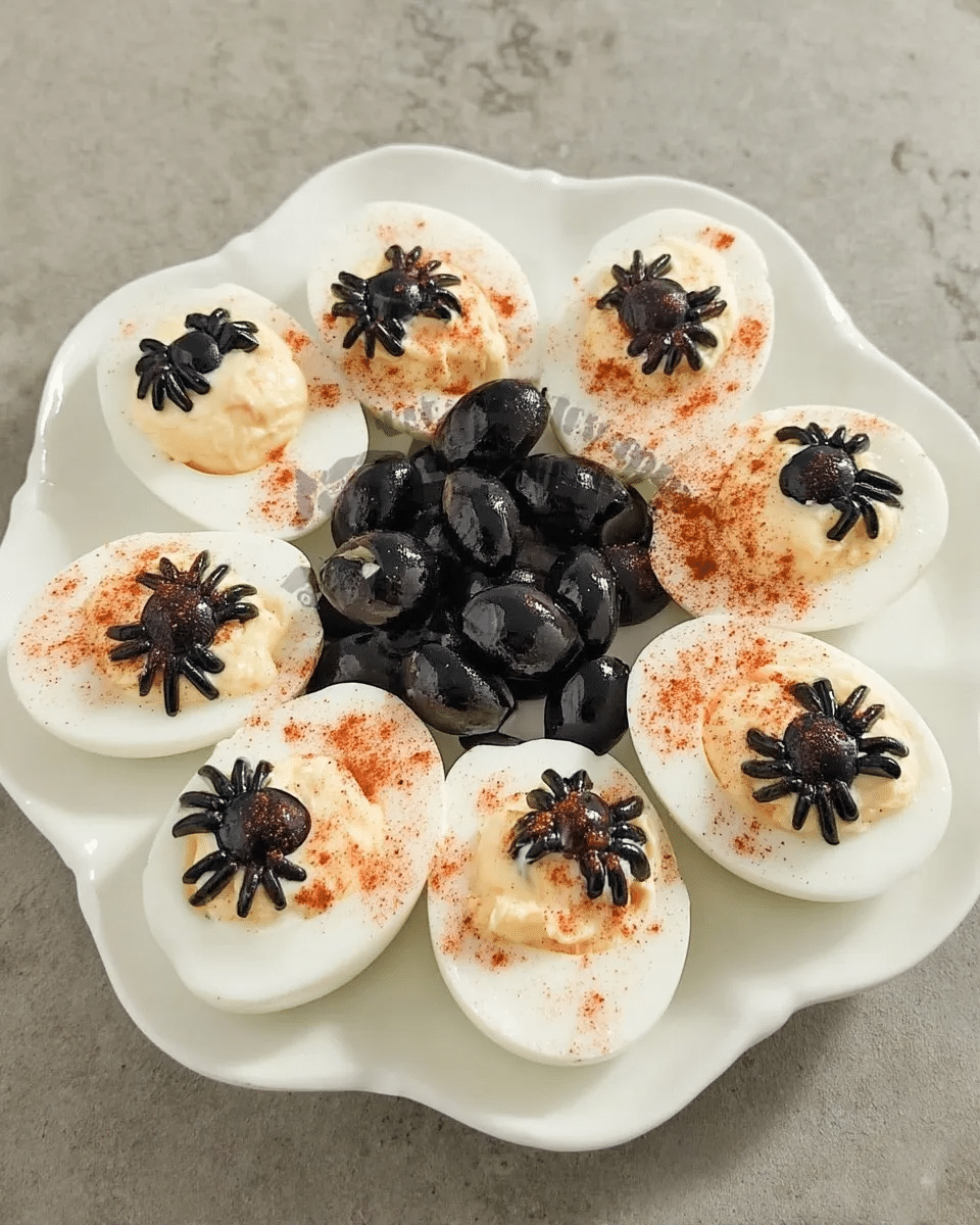 Spider Deviled Eggs 9 A close-up shot of a Spider Deviled Egg, showcasing the black olive spider decoration.