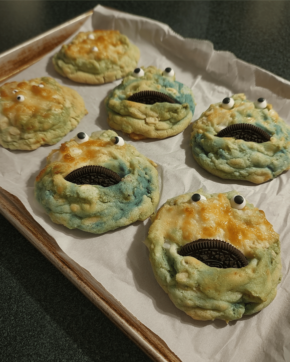 Cookie Monster Cookies 9 Freshly baked Cookie Monster Cookies cooling on a wire rack.