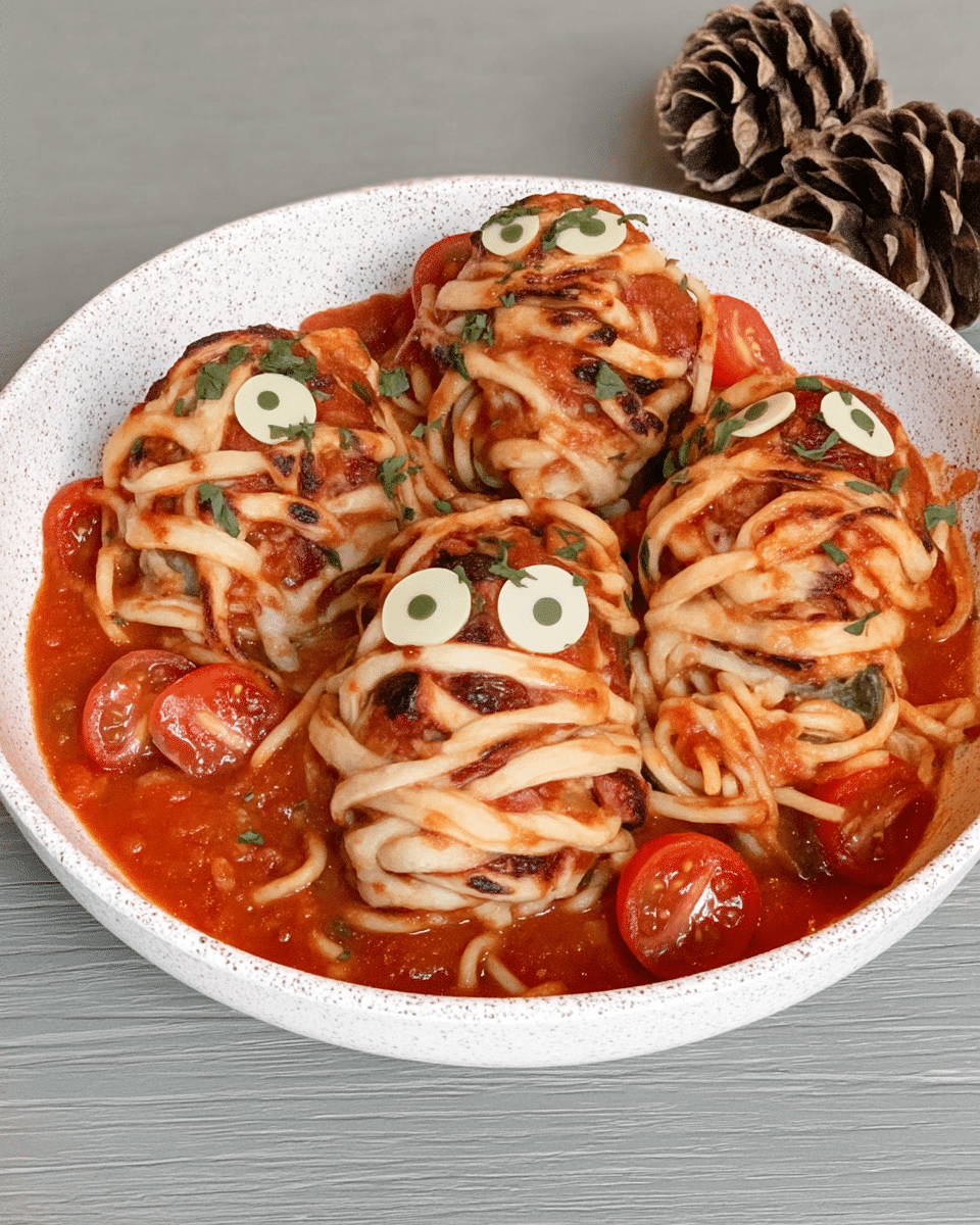 Mummy Sausages with Bucatini 9 Sausages simmering in a frying pan, with a digital thermometer showing the internal temperature.