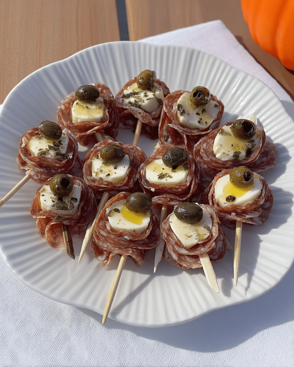 Creepy Skewered Salami Eyeballs 10 Creepy Skewered Salami Eyeballs served on a Halloween platter.