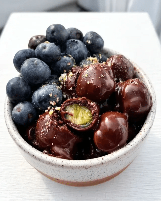 Dark Chocolate Covered Blueberries 10 Dark chocolate covered blueberries served on a small plate.