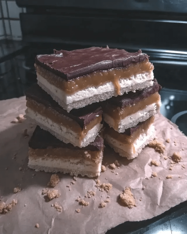Easy Vegan Salted Caramel Slice 9 Close-up of the caramel layer being spread onto the crust.
