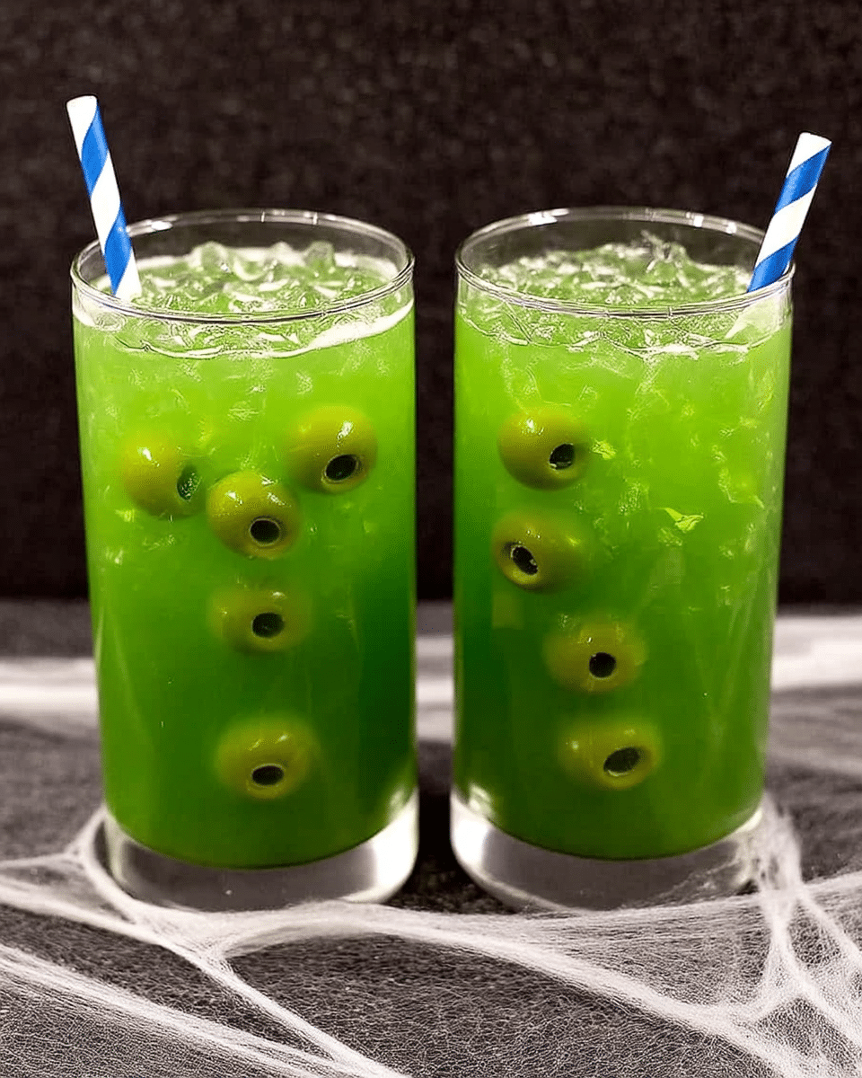 Frankenstein Punch 10 Frankenstein Punch served in decorated cups with Halloween snacks.