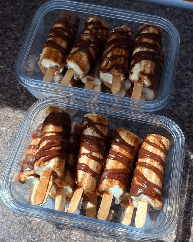 Frozen Chocolate Covered Banana Pops 9 A hand dipping a banana pop into melted chocolate, highlighting the smooth, glossy texture achieved by using coconut oil.