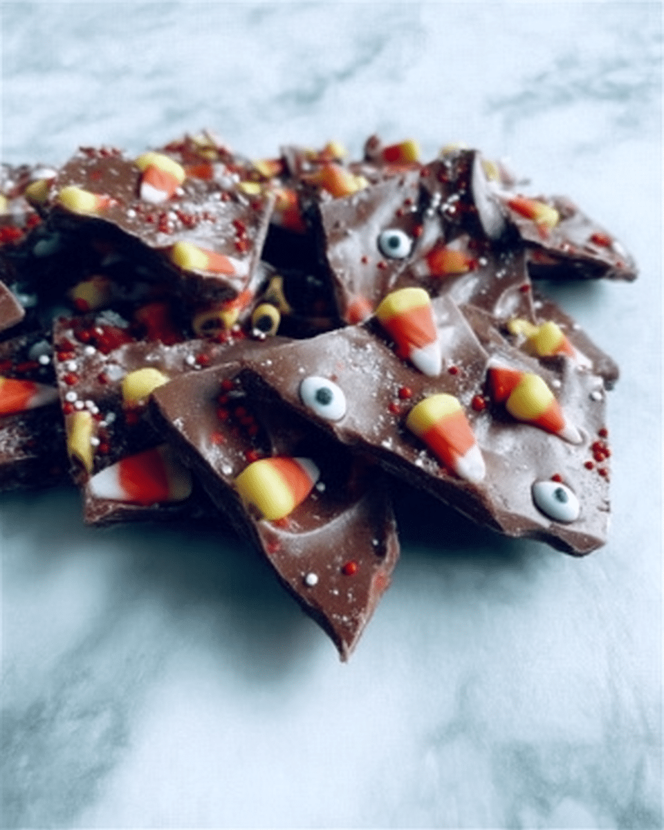 Easy Chocolate Halloween Bark Recipe 10 Halloween Bark served on a platter with other Halloween treats