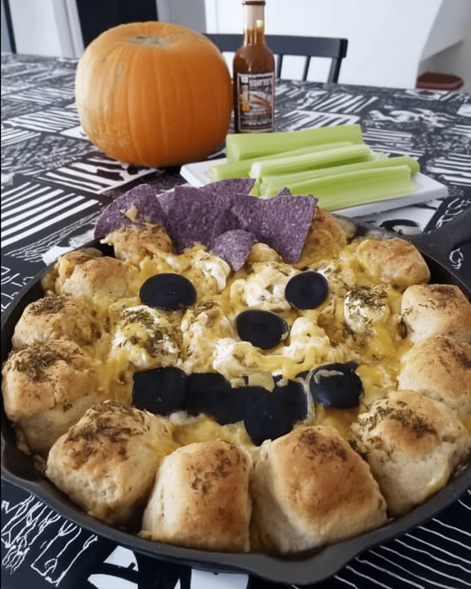 Halloween Buffalo Chicken Dip 8 An overhead shot of all the ingredients needed to make Halloween Buffalo Chicken Dip, arranged neatly on a table.