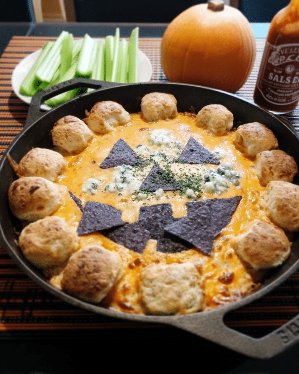 Halloween Buffalo Chicken Dip 10 A festive spread of the Halloween Buffalo Chicken Dip served with a variety of dippers, including tortilla chips, crackers, and vegetable sticks.