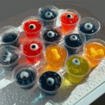 Close-up of Halloween Eyeball Jello Shots in plastic cups, garnished with candy eyeballs.
