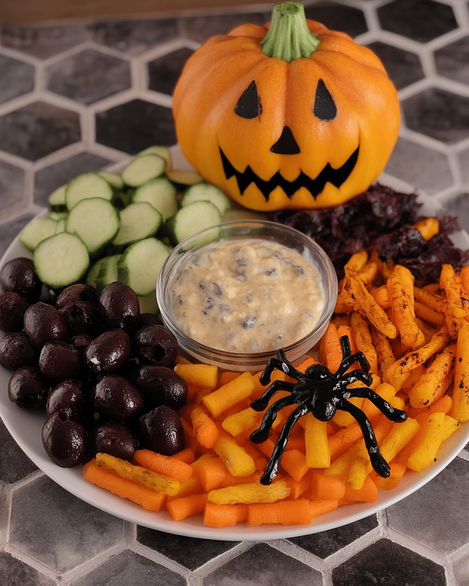 Halloween Pumpkin Veggie Tray 9 A close-up of the Halloween pumpkin veggie tray with a bowl of hummus in the center.