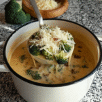 A bowl of creamy high-protein broccoli cheddar soup, garnished with fresh broccoli florets.
